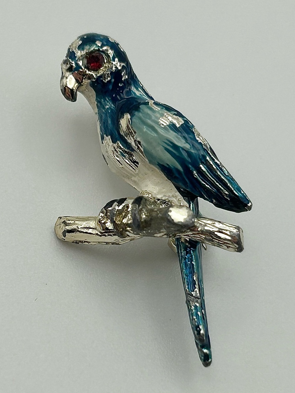 Vintage Blue Parrot Bird Pin - Silver Tone Enamel Brooch, Red Crystal Accent